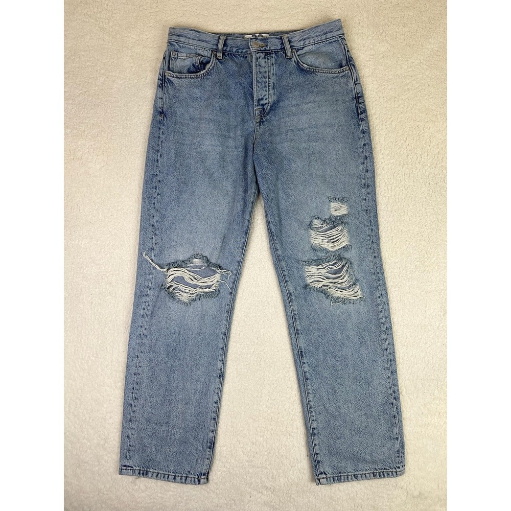 We The Free Mom Jeans Womens 29 Blue Light Wash High Rise Distressed Button Fly